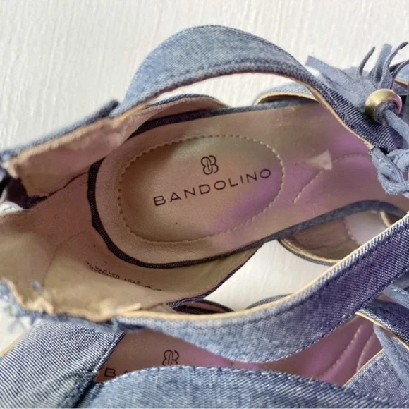 Bandolino Lace Up Denim Wedge Sandals - Picture 2 of 12